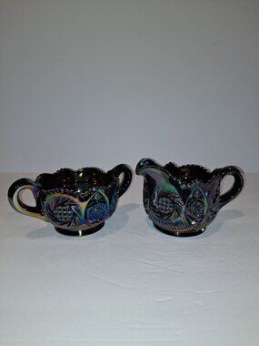 LE Smith Amethyst Carnival Glass Cream and Sugar Set Aztec Pattern Sawtooth Edge
